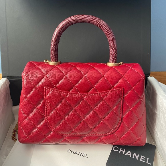 Chanel Caviar Red Mini Coco Handle Bag Lizard - Picture 3 of 12